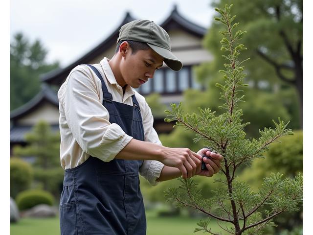 庭師が丁寧に手入れをする様子