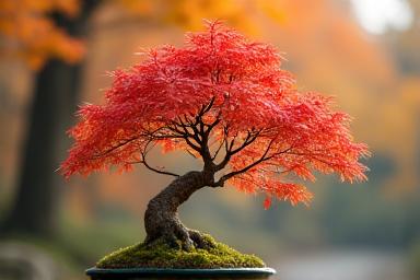 美しい紅葉を見せる盆栽の楓